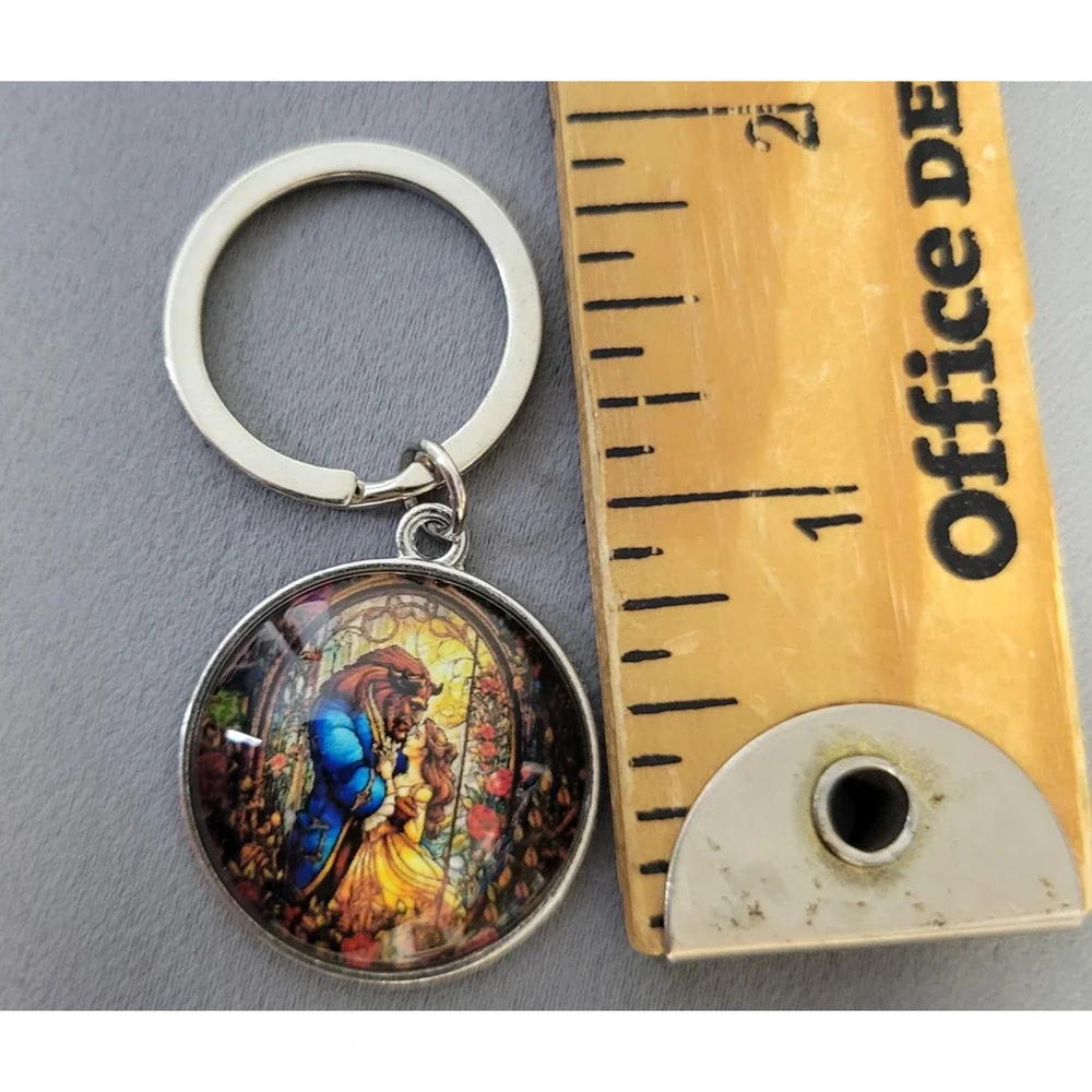 Beauty and the Beast Stained Glass Keychain Round Domed Glass Silver Tone Charm‎